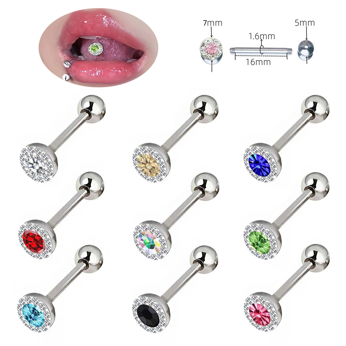 Body Jewelry Plus - حلقة لسان عصرية دائرية الشكل مرصعة
