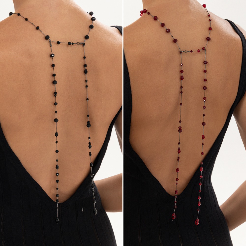 Body Jewelry For Backless Dress - سلسلة ظهر قوطية سوداء وحمراء مزينة
